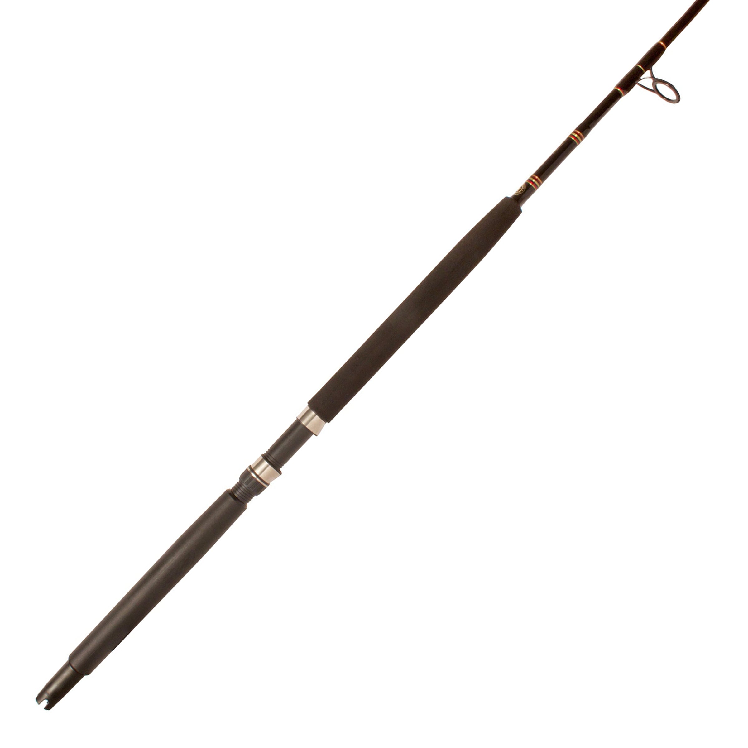 Aerial stand-up spinning rod on white background