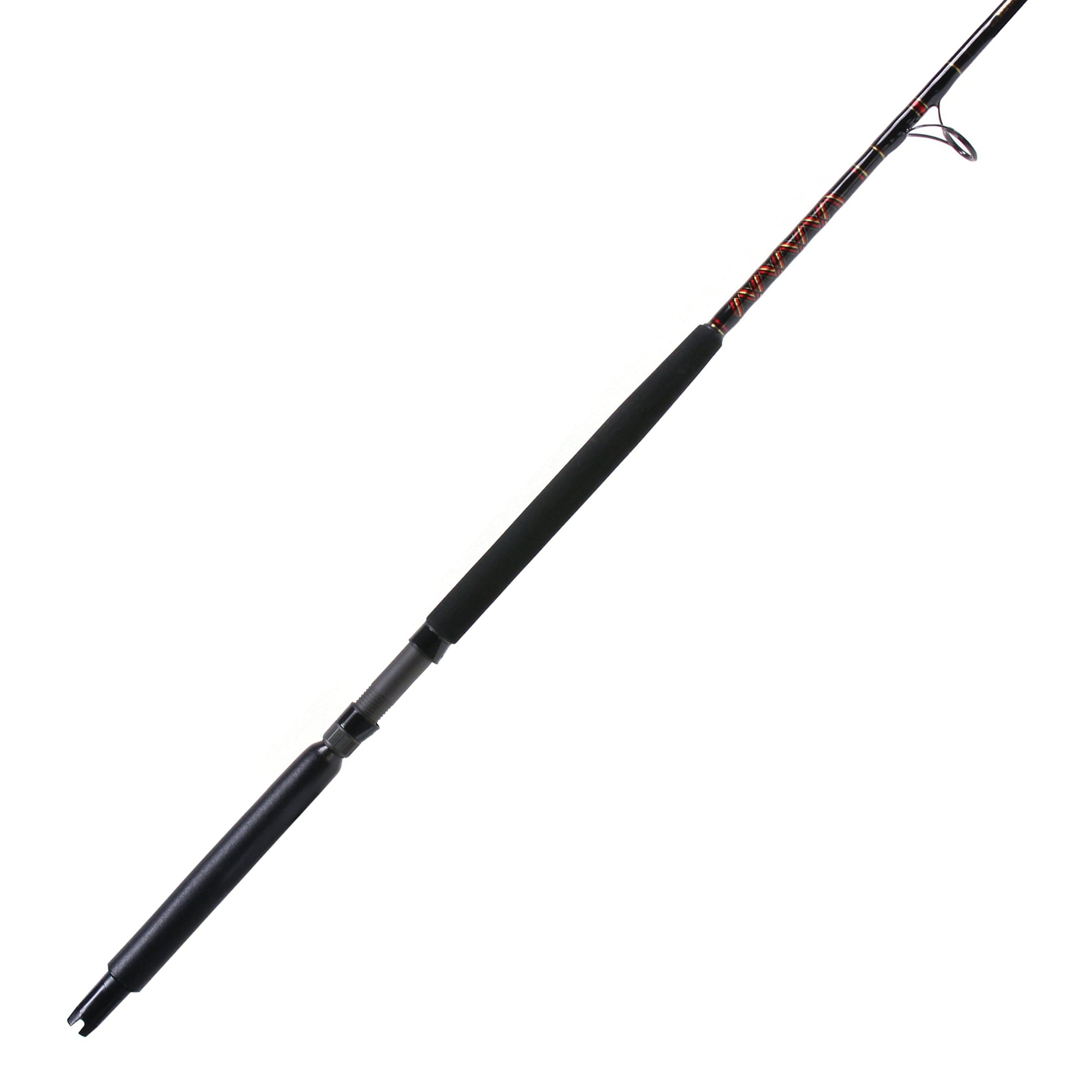 Handcrafted stand-up spinning rod on white background