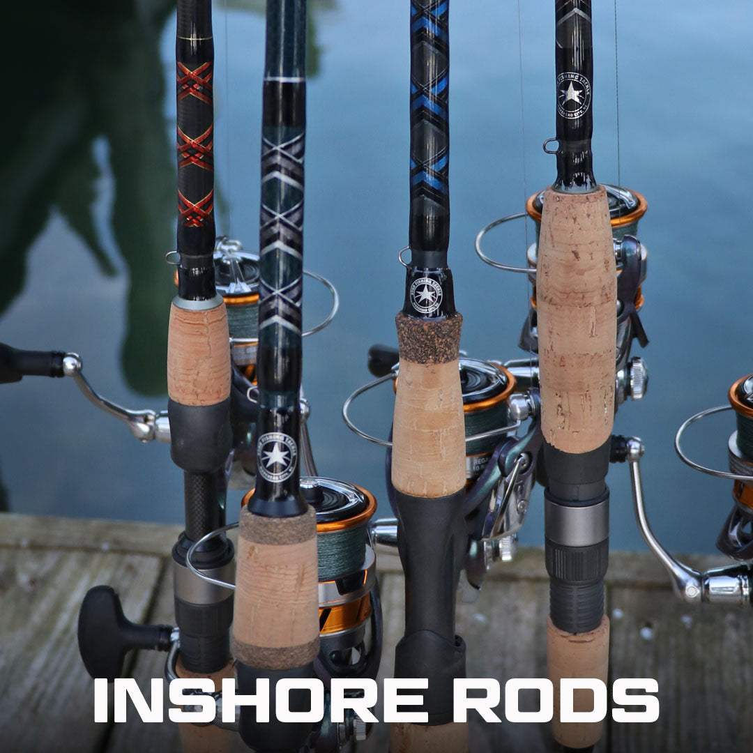 Group of Star Rods inshore rods on dock with water background
